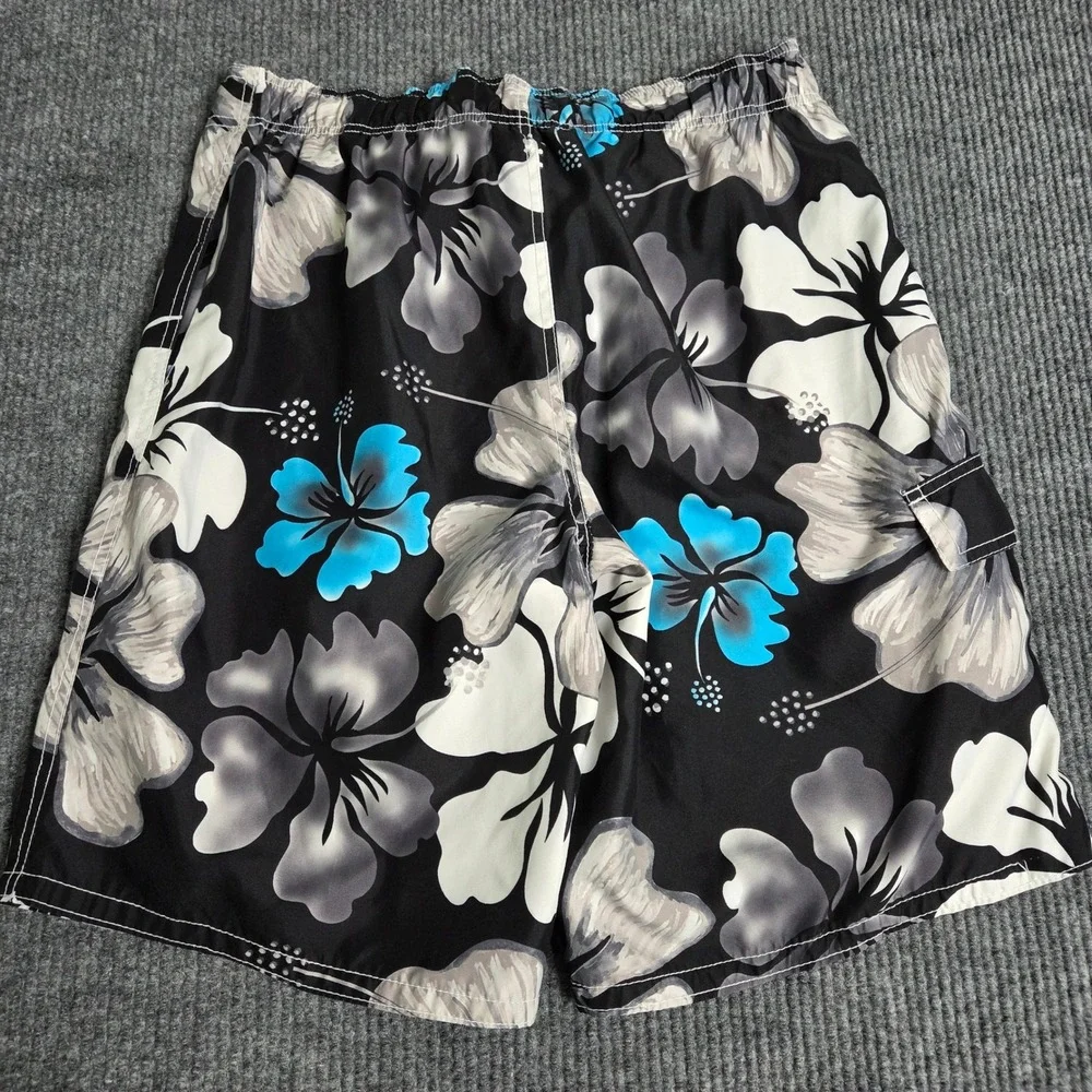 OP Ocean Pacific Mens Medium 32-34 Black Blue Hibiscus‎ Floral Board Shorts Swim